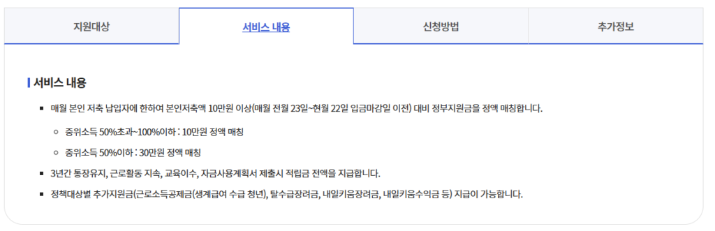 청년내일저축계좌 서비스 내용